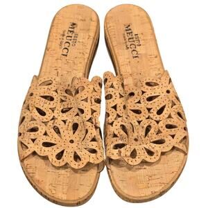 Sesto Meucci Senna Cork Floral-Cut Leather Slide Tan Sandal Italy Womens 8.5